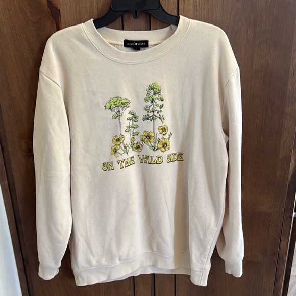 Social Scene Tops - Women's Cream Sweatshirt- Floral Nurture Nature Design